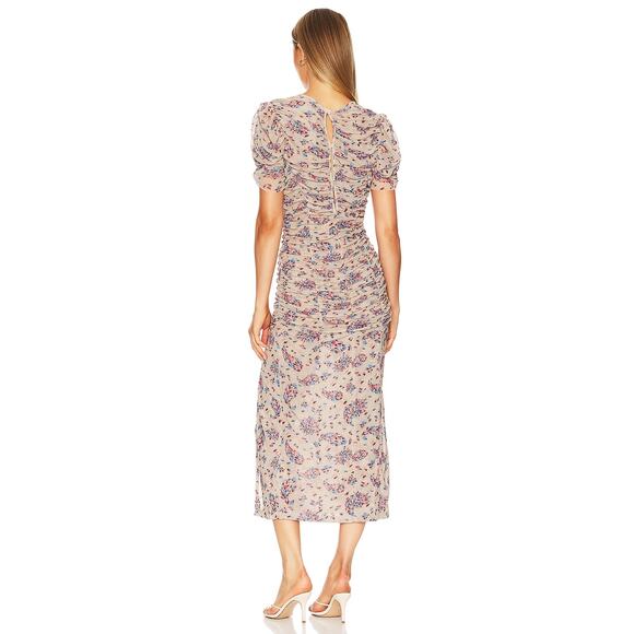 Free People Briella Dress Ruched Midi Tea Combo Floral Side Slit Puff Sleeve M - Picture 5 of 15